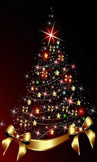 Christmas tree gold stars ribbon - dark background free wallpaper