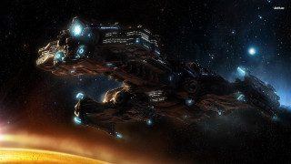 Spaceship flying yellow planet bright - a space ship free wallpaper