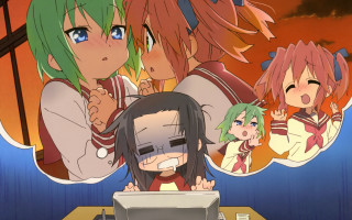 Anime characters table laptop sunset - net art free wallpaper