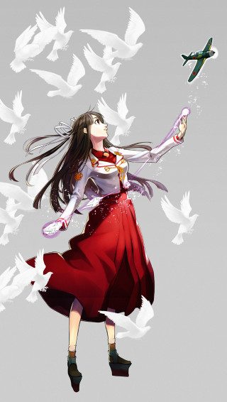 Woman flying kite birds sky - magical realism free wallpaper