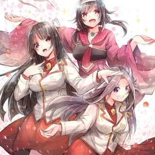 Three anime girls red skirts - a picture together in front free wallpaper