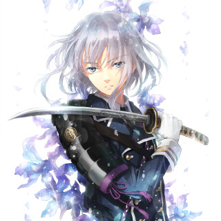 Anime character sword purple flowers - a white background behind her free wallpaper