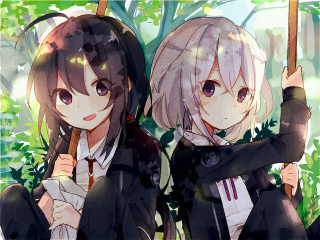 Anime girls tree leaves stick - official art free wallpaper for desktop