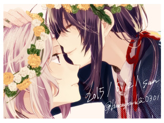 Couple kissing flowers red ribbon - lineart free wallpaper