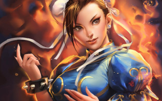 Woman blue outfit sword flame 2 - a red background behind her free wallpaper