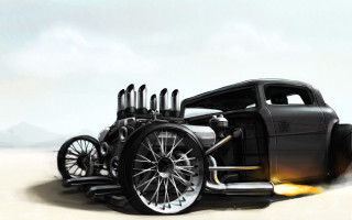 Desert car wheels clouds photorealism - matte drawing free wallpaper