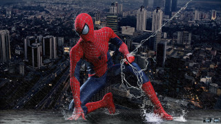 Spider man jumping cityscape lightning - a spider man free wallpaper