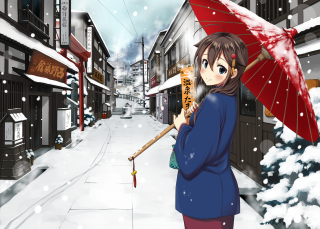 Woman umbrella snow city street - ukiyoe free wallpaper