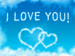 Blue sky clouds two hearts - free love wallpaper