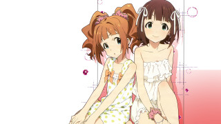 Anime girls pink background sitting - two anime girls sitting next free wallpaper