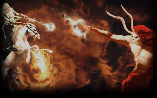Men fighting fireball horns arms - a demon in the background free wallpaper