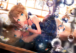 Woman blue dress holding flower - kyoani free wallpaper