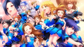 Anime girls blue dresses group - a man in the background and a woman in the foreground free wallpaper
