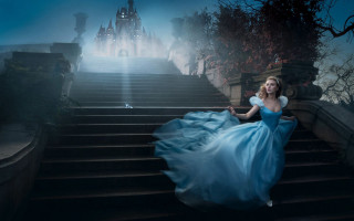 Woman blue dress stairs castle 2 - a castle free wallpaper