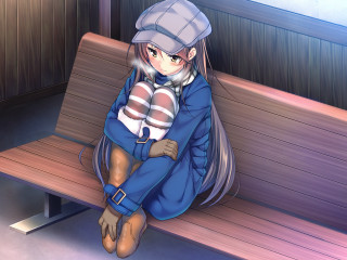 Girl bench hat blue dress - her leg free wallpaper