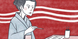 Woman sitting table pen paper 2 - illustration free wallpaper