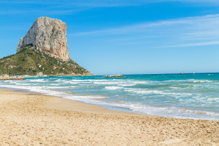 Beach mountain waves boat water - free beach wallpaper for desktop