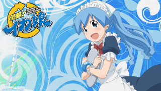Blue haired maid with cat - a white dress holding free wallpaper