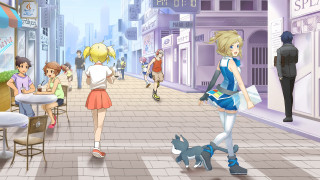 Cartoon woman walking dog street - the sidewalk free wallpaper