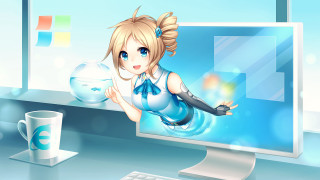 Cartoon girl holding fish computer - a cartoon girl free wallpaper