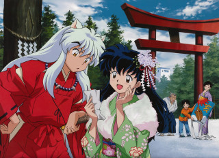 Woman kimono man gate shrine - a gate free wallpaper