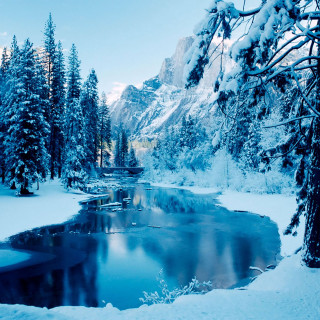 Snowy landscape river trees mountain - a matte painting free wallpaper