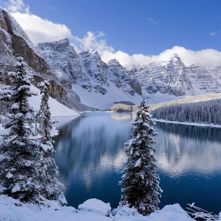 Lake snow covered mountains trees - a matte painting free wallpaper