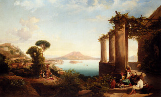 Porch people lake mountain painting - a porch free wallpaper
