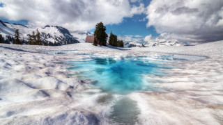 Blue water snow trees mountain - a blue pool of water free wallpaper