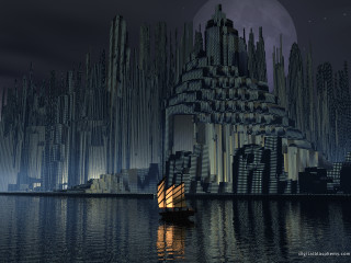 Boat night water city full - fantasy art free wallpaper