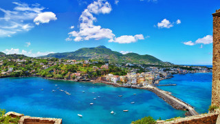 Bay boats mountain background clouds - panoramic view free wallpaper