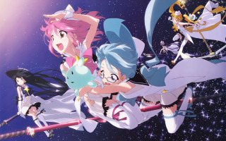Anime girls flying stars purple - a group of anime girls free wallpaper