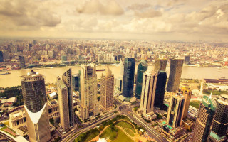City tall buildings river skyline - neoism free wallpaper