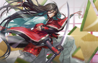 Woman red dress sword green - a yellow triangle free wallpaper