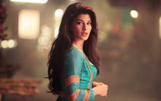 Woman green top posing room - the wall and a table free wallpaper