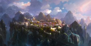 Castle mountain sky clouds painting - a painting of a castle free wallpaper