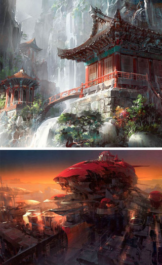 City waterfall red building painting - league of legends concept art free wallpaper