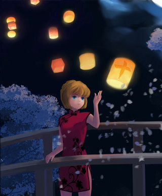 Woman red dress bridge lanterns - the sky above her free wallpaper