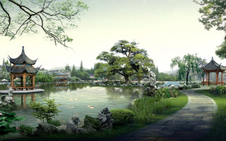 Park pond pavilions path leading 2 - the background and a path free wallpaper