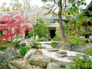 Garden rocks trees building red - a garden free wallpaper