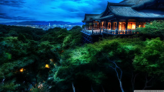Building balcony trees clouds sky - eishōsai chōki free wallpaper