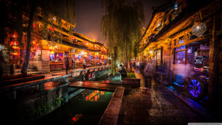 Canal night people walking lights - an zhengwen free wallpaper