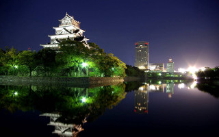 Lake building forest night lights - japan eishōsai chōki free wallpaper