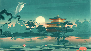 Pagoda pond lily pads night - full free wallpaper