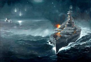 Battleship ocean night full moon - a ship free wallpaper