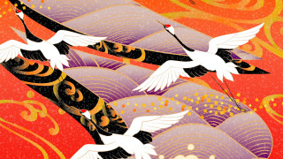 Birds flying red background swirls - three bird free wallpaper
