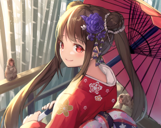 Woman red dress umbrella cat - ukiyoe free wallpaper