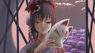 Girl holding cat pink sky - pop surrealism free wallpaper