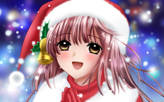 Girl santa hat bell smiling - sōsaku hanga free wallpaper