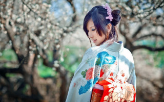 Woman kimono red white bag - branch free wallpaper